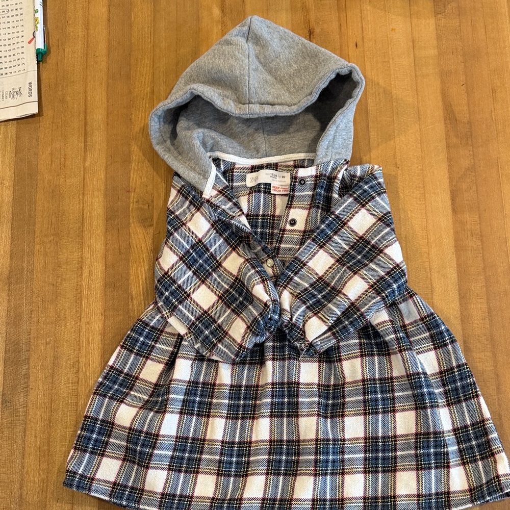 Zara Kids Blue Plaid Dress with Gray Hood